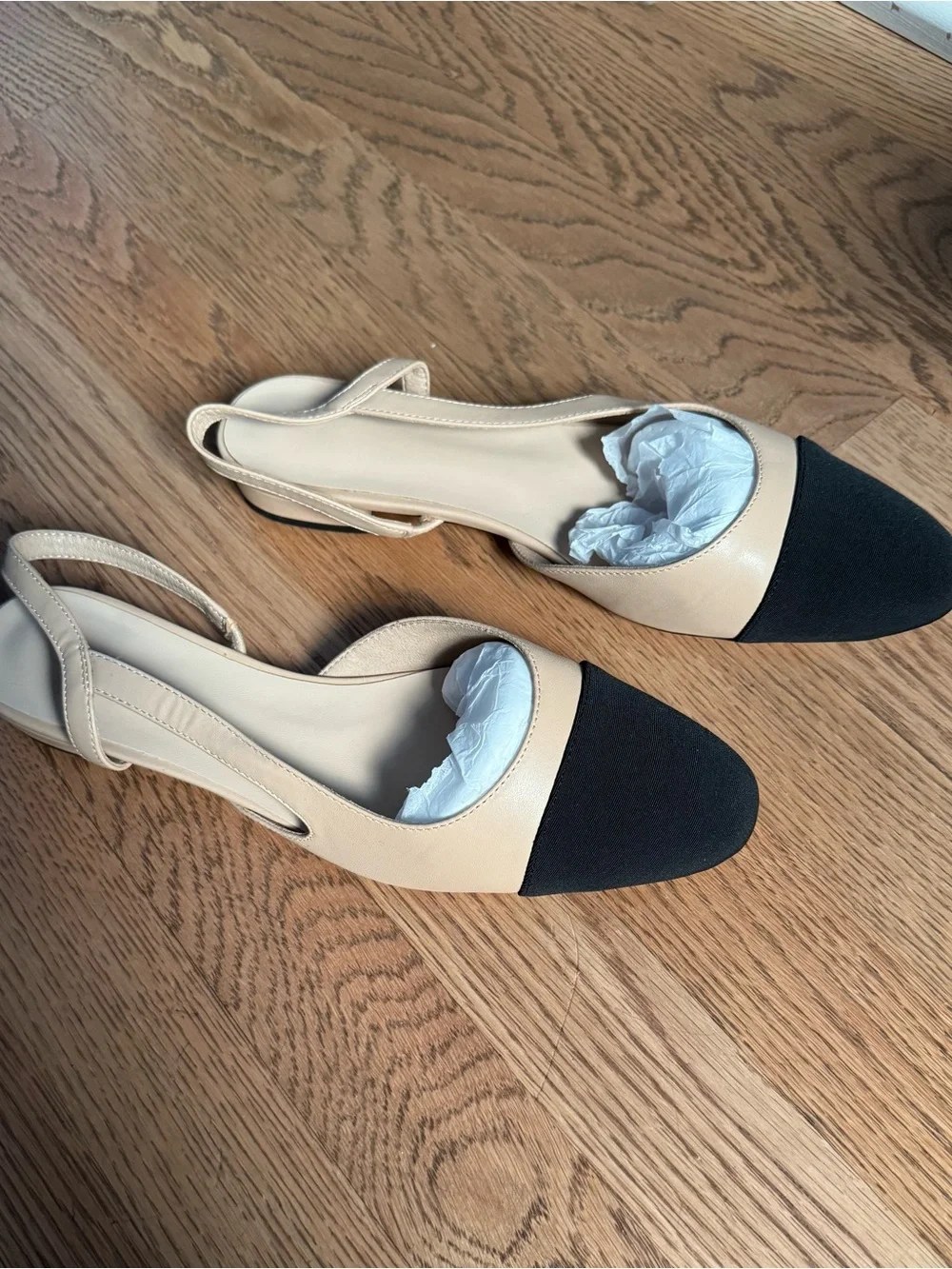 Beige and Black Two-Tone Slingback Flats